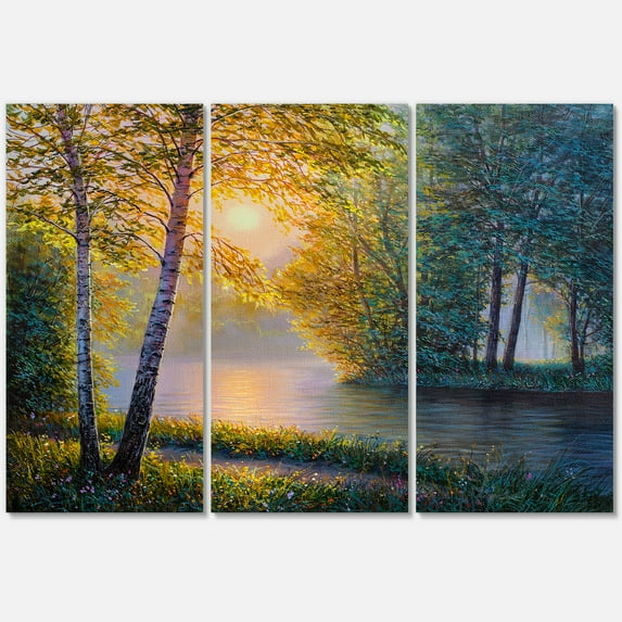 Designart ' Sunrise Summer With Beautiful River Spring Forest ' Lake House Canvas Wall Art Print