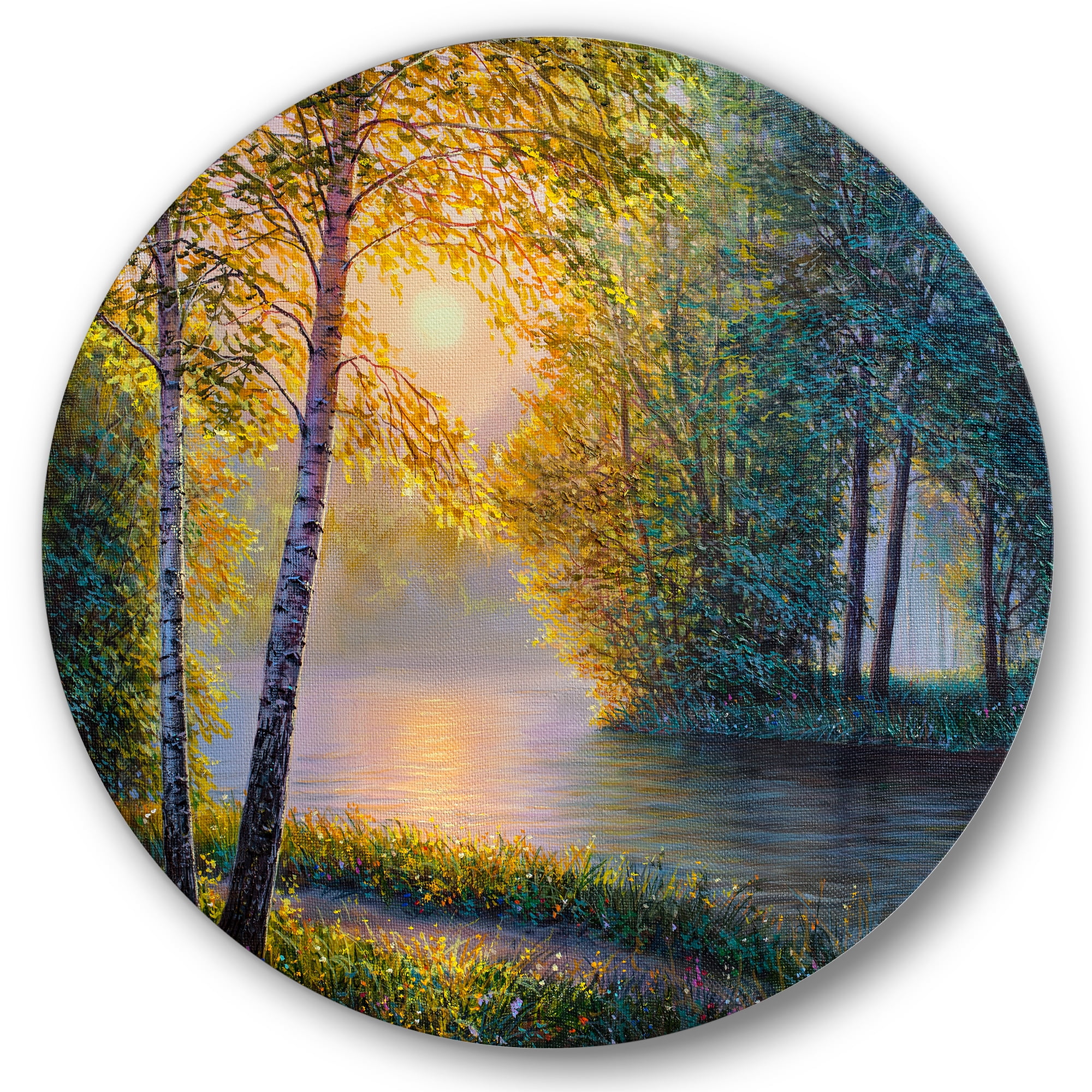 Designart 'Sunrise Summer With Beautiful River Spring Forest' Lake House Circle Metal Wall Art 23x23 - Disc of 23
