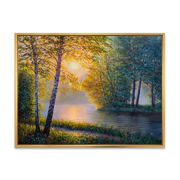 Designart 'Sunrise Summer With Beautiful River Spring Forest' Lake House Framed Canvas Wall Art Print