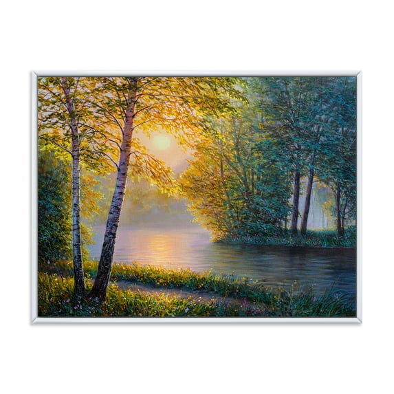 Designart 'Sunrise Summer With Beautiful River Spring Forest' Lake House Framed Canvas Wall Art Print