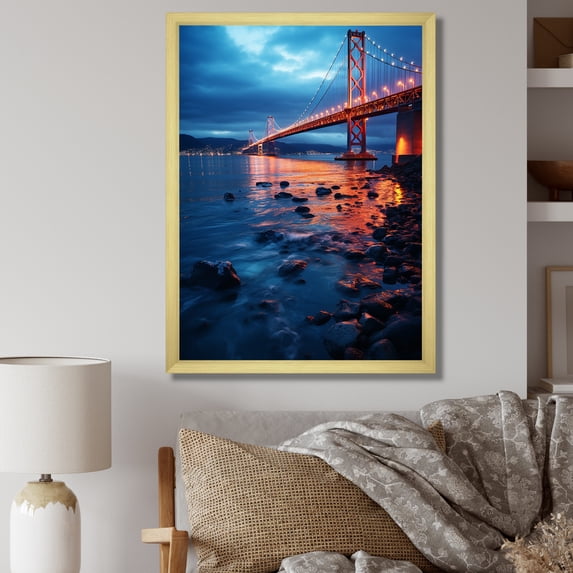 Designart "Sunrise View of Panoramic Bridge II" Architecture Framed Wall Art - Traditional Red Bridges Entryway Framed Wall Art