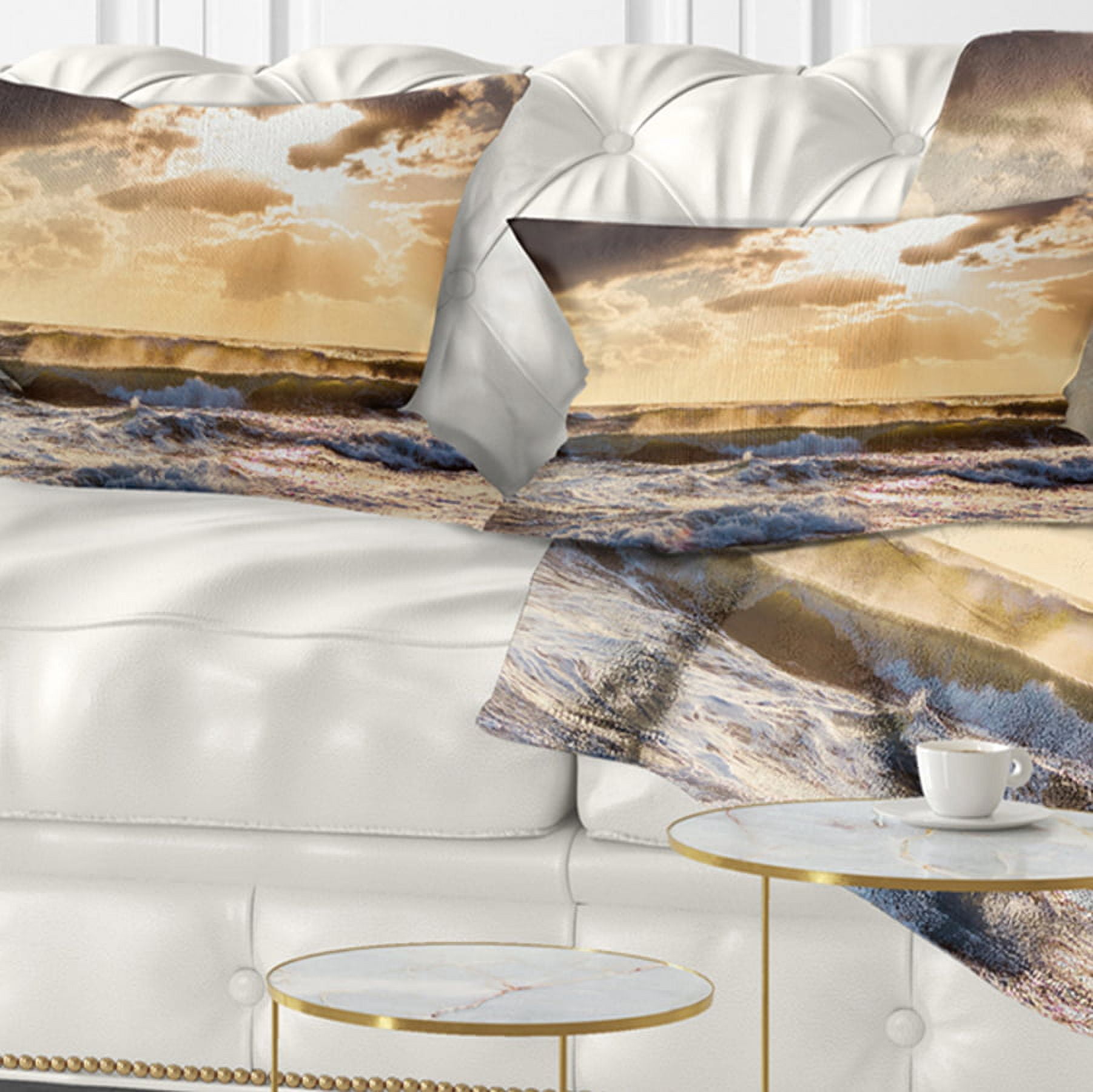 Designart Sunrise and Roaring Blue Sea Waves - Beach Photo Throw Pillow - 12x20
