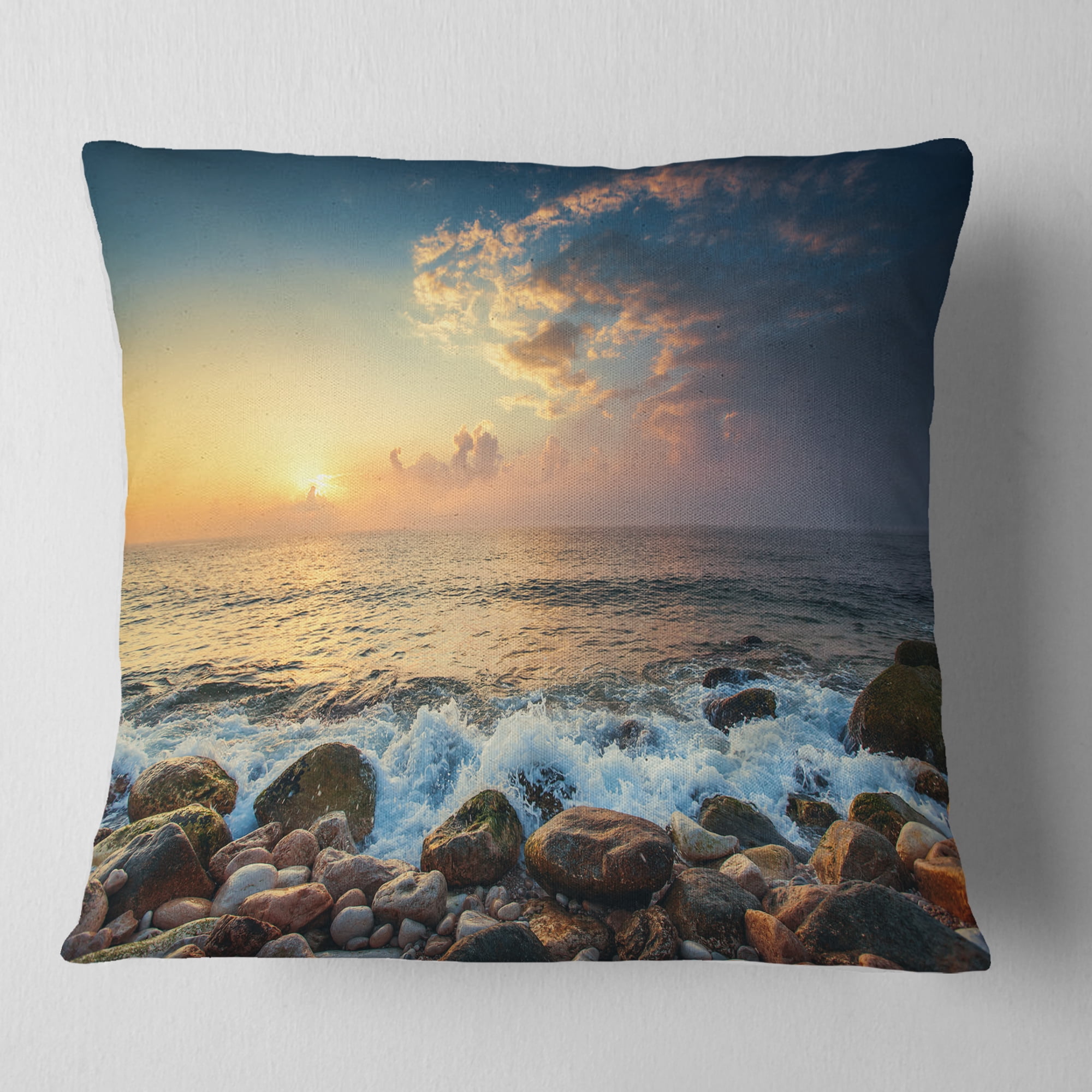 Designart Sunrise and Shining Waves in Sea - Seashore Throw Pillow - 16x16