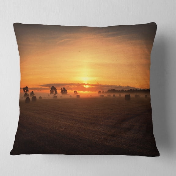 Designart Sunrise at Farmland Bales - Landscape Printed Throw Pillow - 16x16