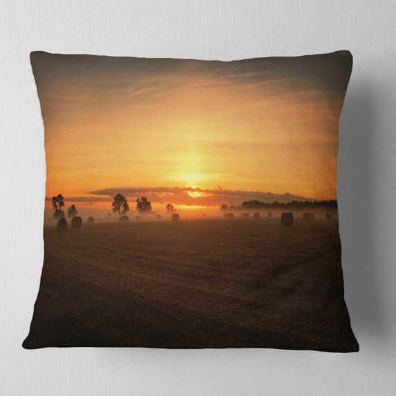 Designart Sunrise at Farmland Bales - Landscape Printed Throw Pillow - 18x18