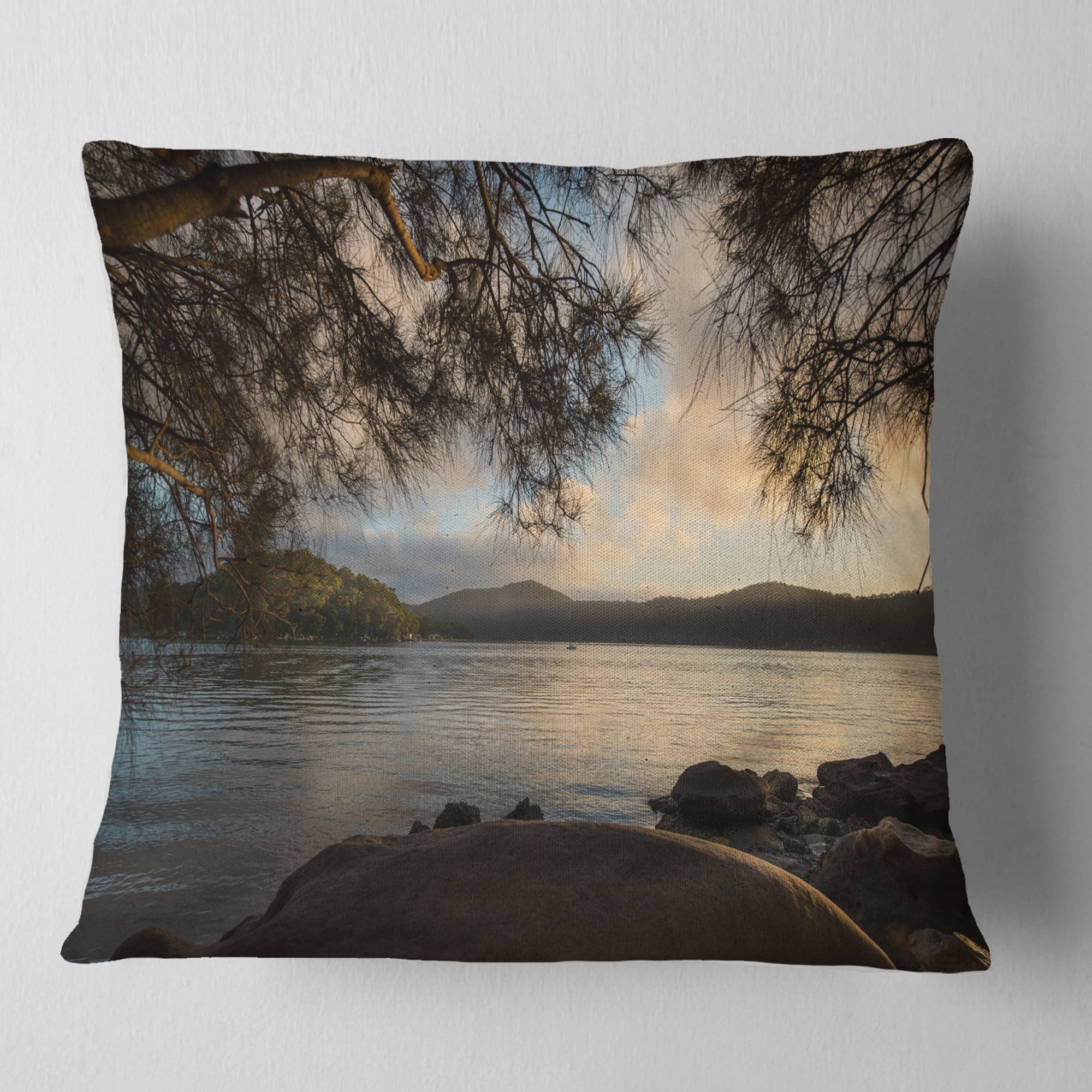 Designart Sunrise from Hawsbury River - Seashore Throw Pillow - 16x16
