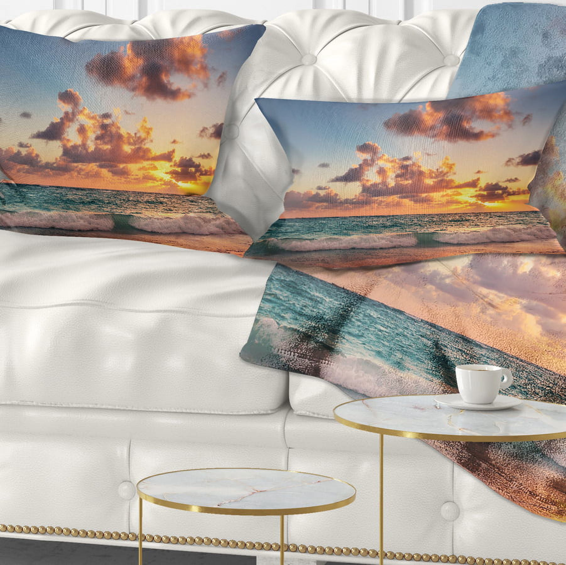 Designart Sunrise on Beach of Caribbean Sea - Beach Throw Pillow - 12x20