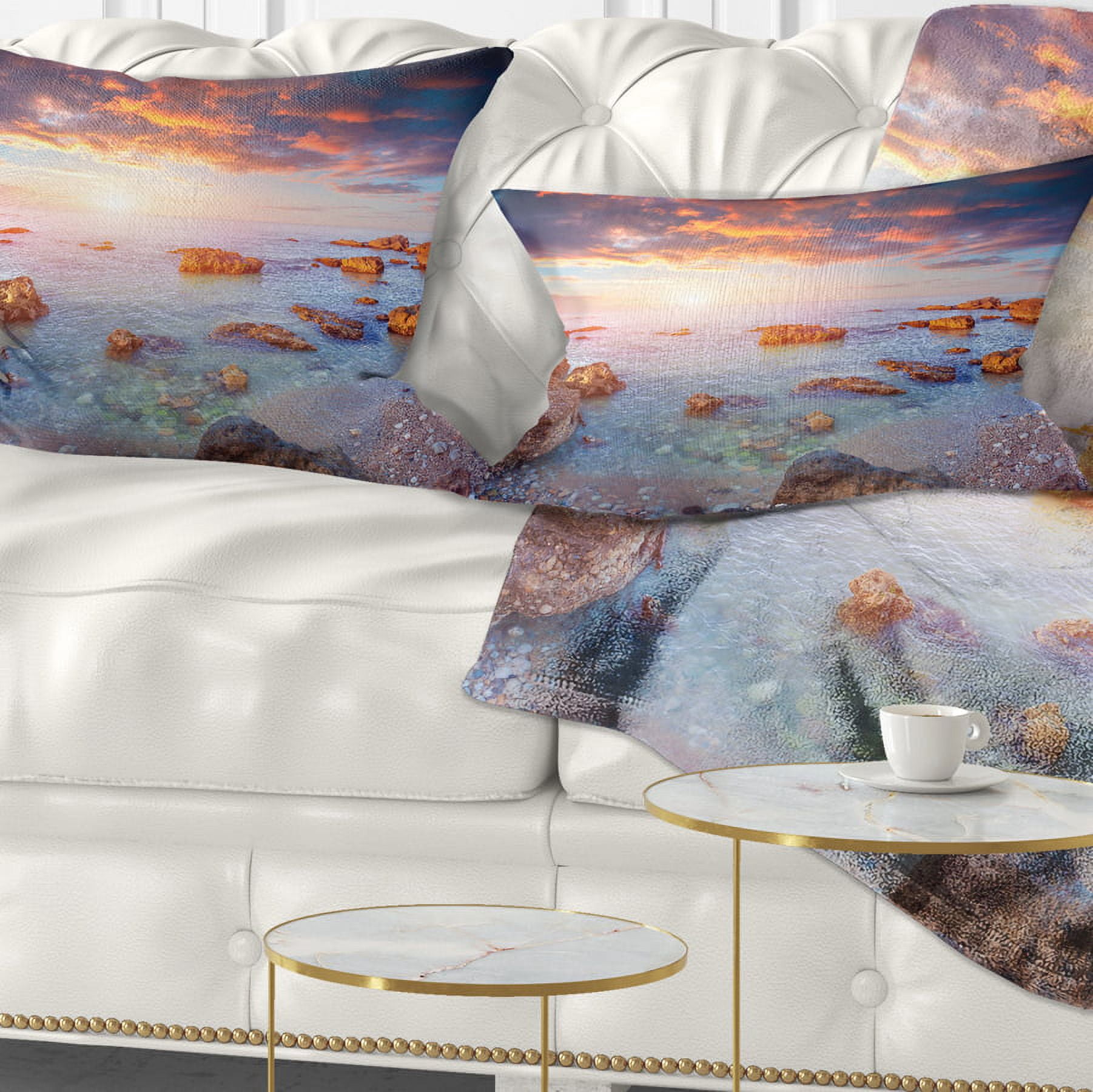 Designart Sunrise on South Coast of Sicily - Seashore Photo Throw Pillow - 12x20