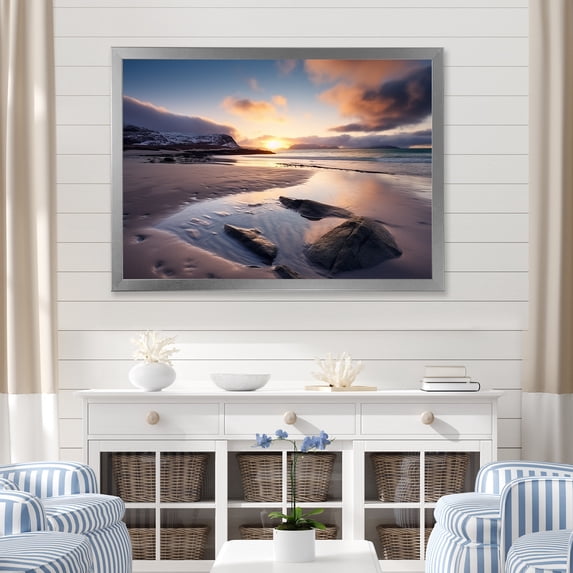 Designart "Sunrise on a Rocky Beach III" Coastal Framed Wall Art Decor - Coastal Pink Coastal Beach Entryway Framed Wall Art