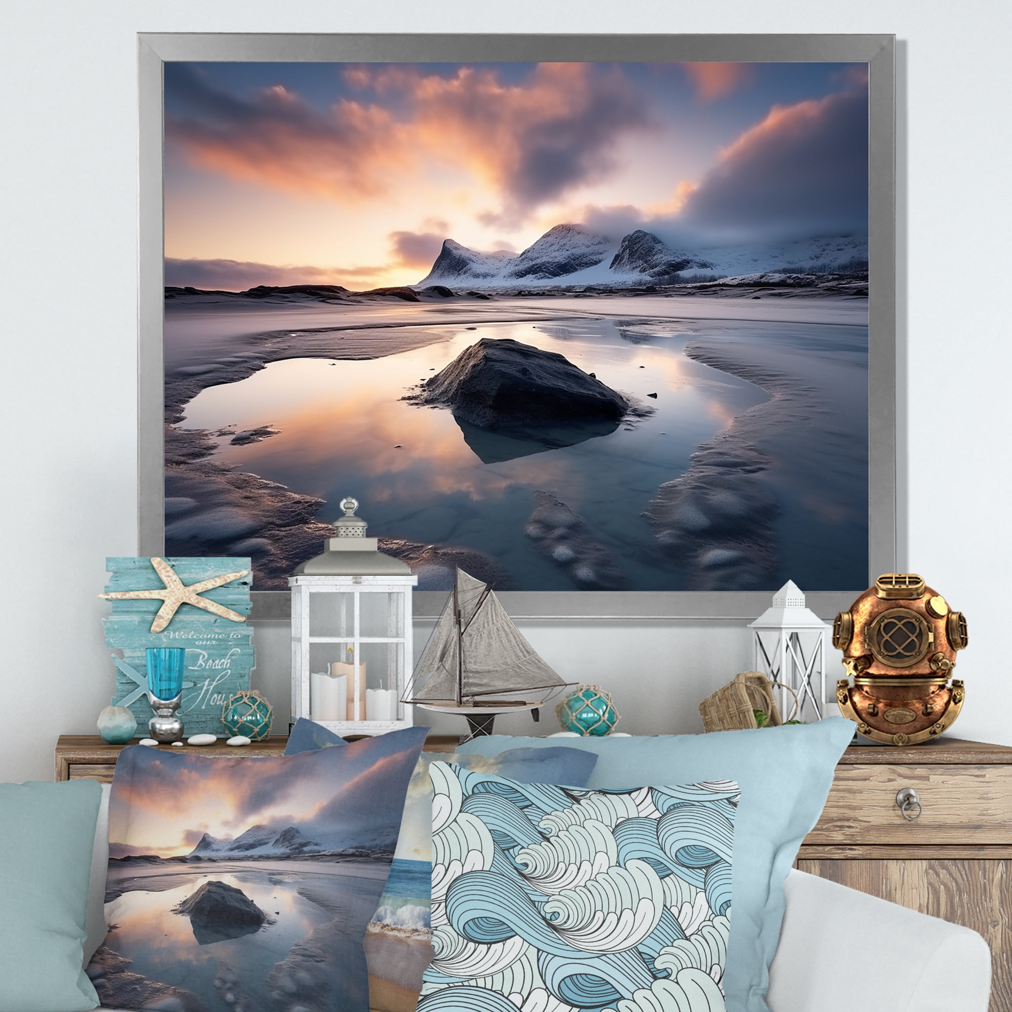 Designart "Sunrise on a Rocky Beach IV" Coastal Framed Wall Art Decor
