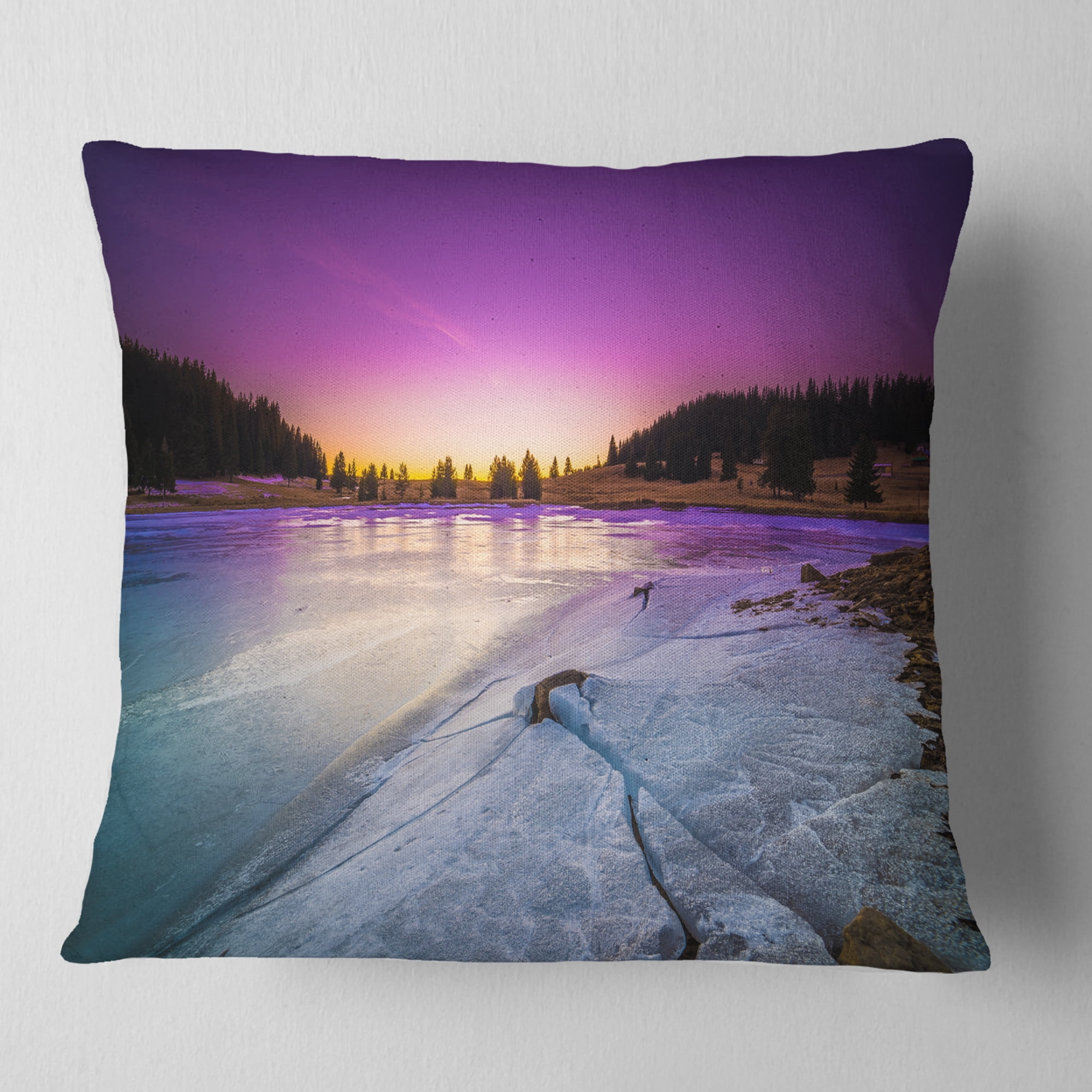 Designart Sunrise over Frozen Lake - Landscape Printed Throw Pillow - 18x18