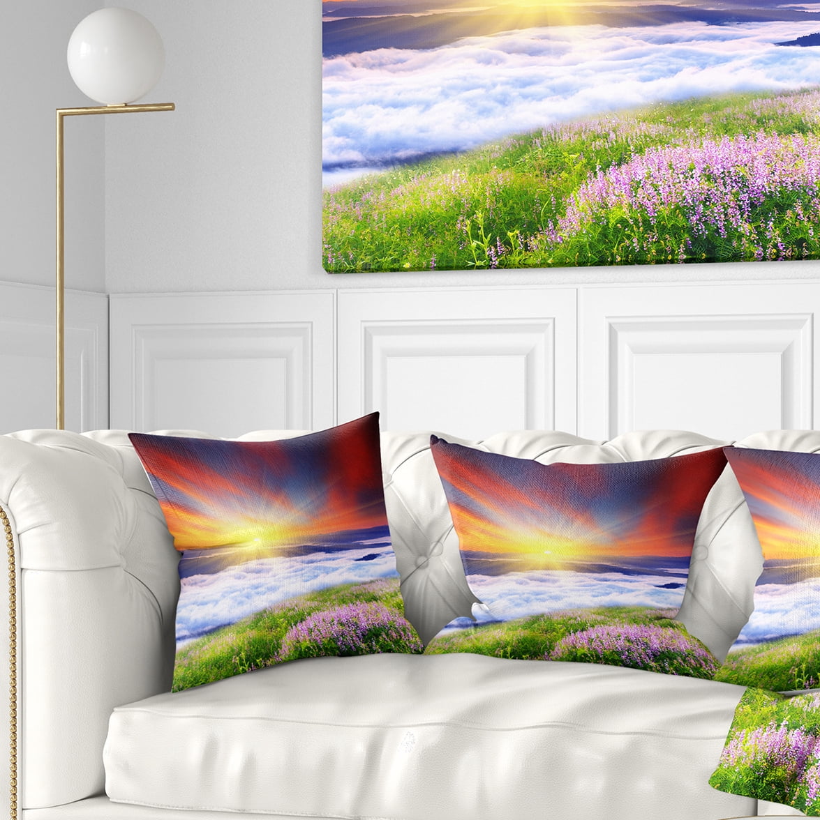 Designart Sunrise with Blooming Flowers - Landscape Printed Throw Pillow - 18x18