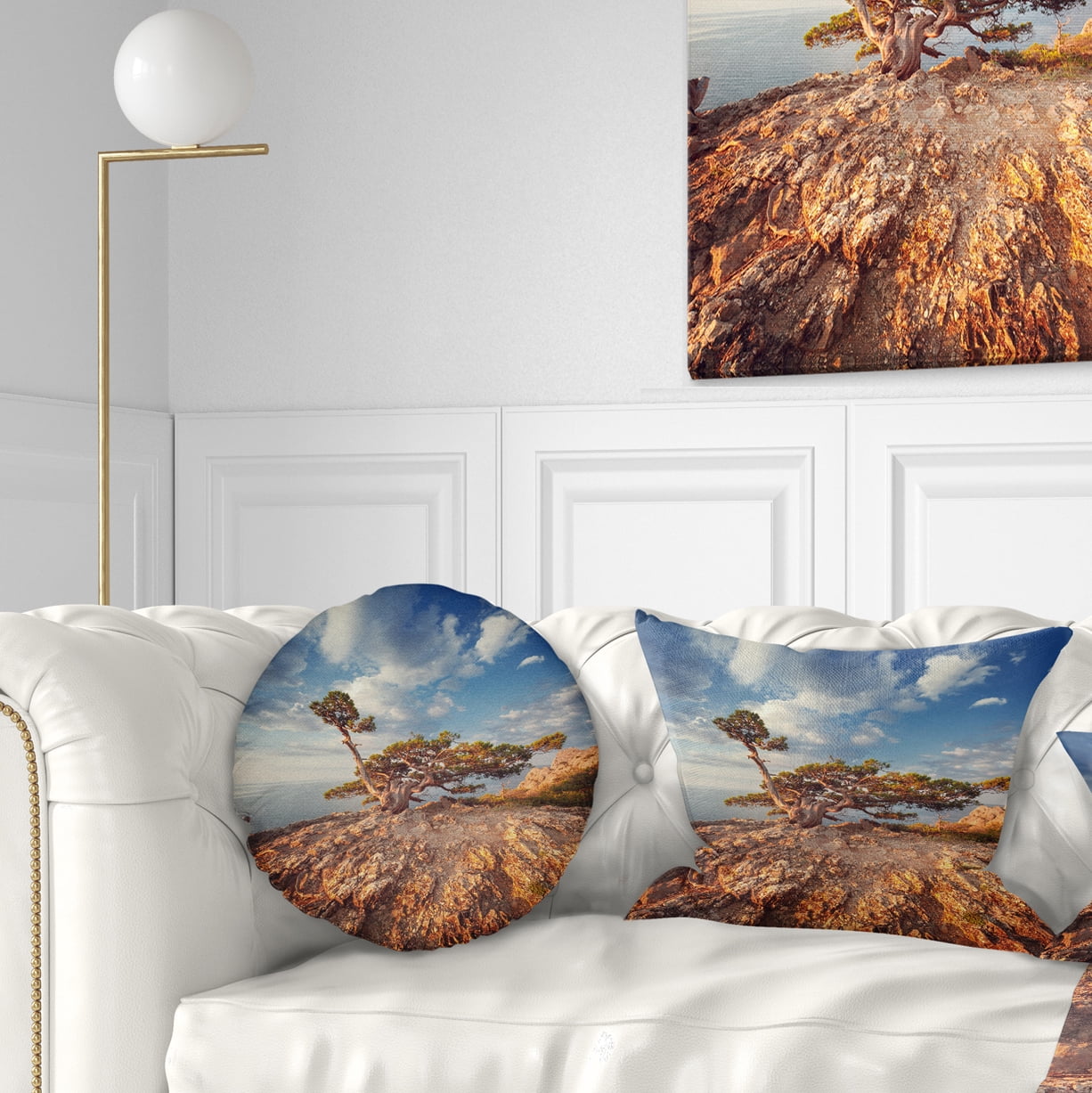 Designart Sunrise with Old Tree at Peak - Landscape Photo Throw Pillow - 12x20