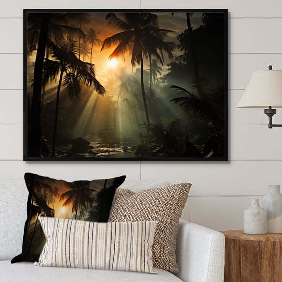 Designart "Sunset Amongst Palm Trees" Palm Trees Floater Framed Wall Art Print