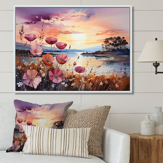 Designart "Sunset Amongst Wildflowers" Wildflowers Floater Framed Canvas Art Print