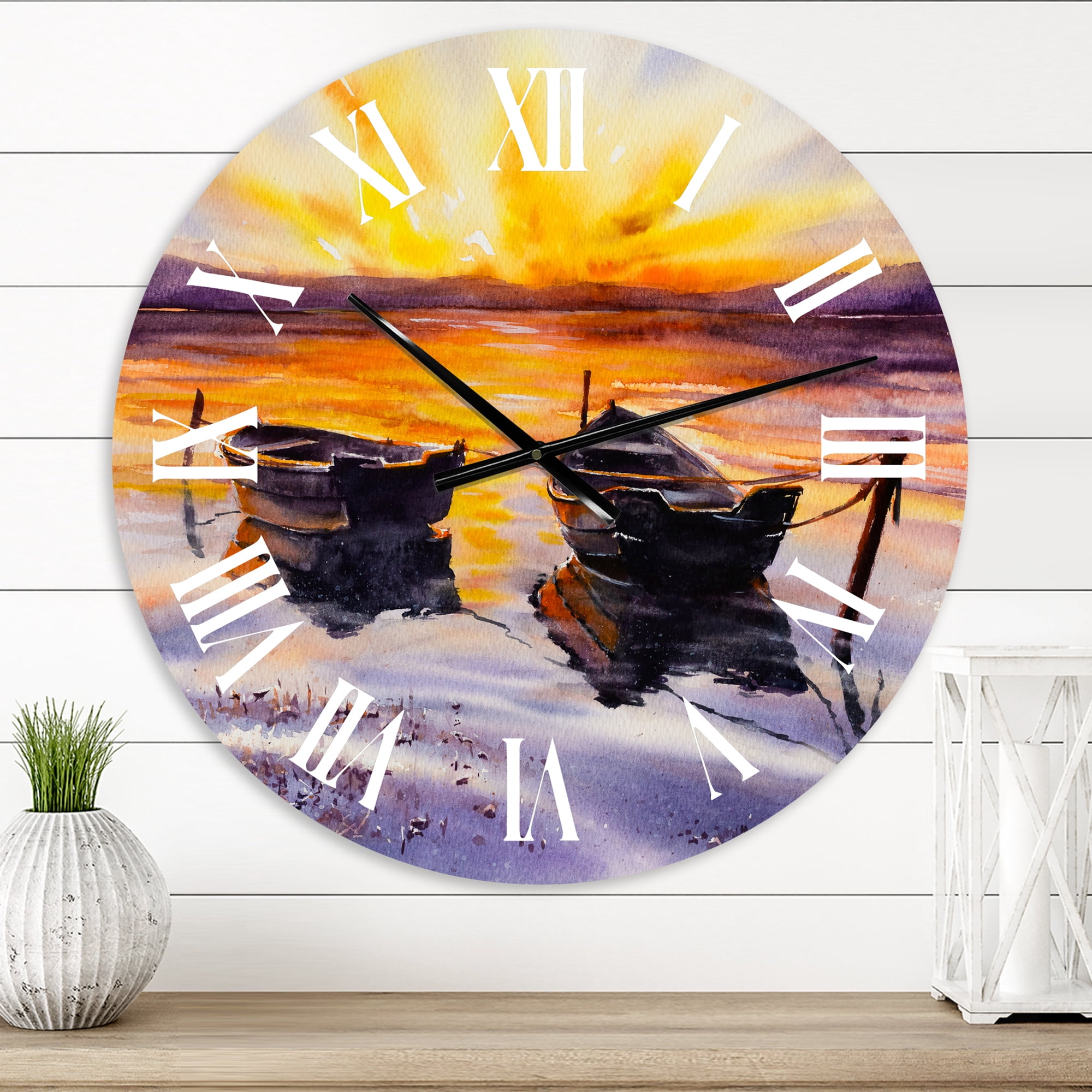 Designart 'Sunset And Two Small Boats Parking On The Shore' Lake House Wall Clock