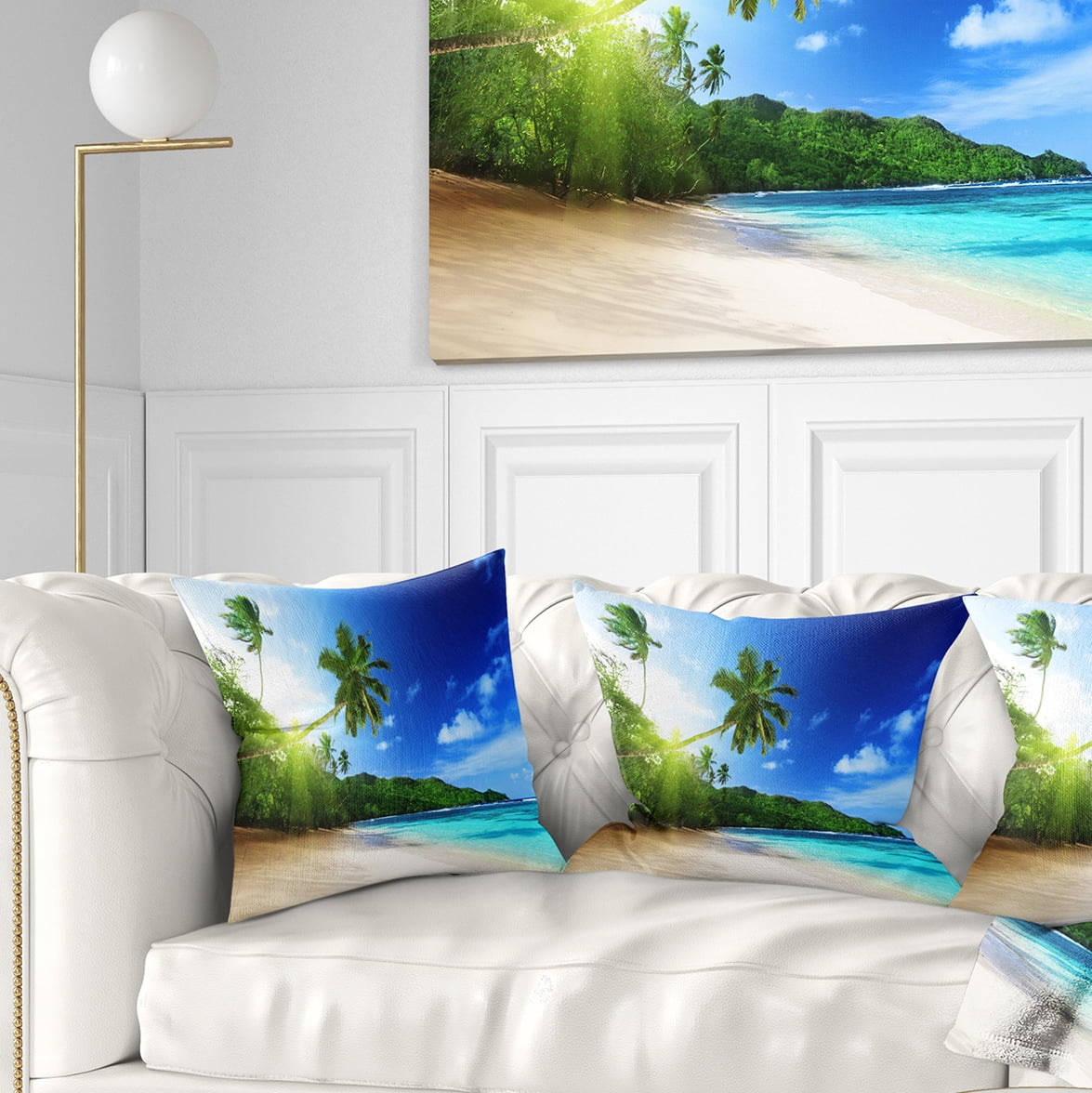 Designart Sunset Beach with Palm - Landscape Photography Throw Pillow - 18x18