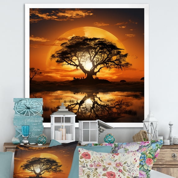 Designart "Sunset Bliss of African Safari Tree" Landscapes Framed Wall Art Decor - Country Black Tree Entryway Framed Wall Art