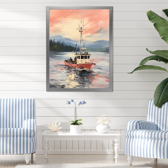 Designart "Sunset Boat Lights Blue Harbor" Coastal Framed Wall Art - Coastal Blue Coastal Sunset Entryway Framed Wall Art