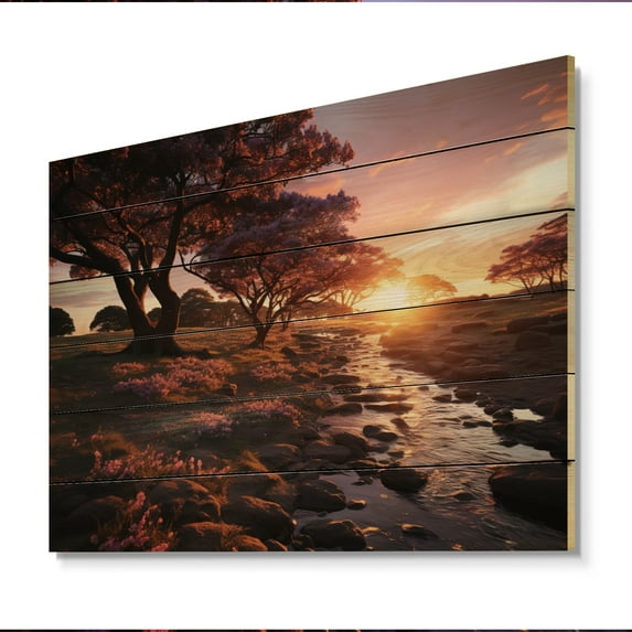 Designart "Sunset Breeze The" Landscape Sunset Print on Natural Pine Wood