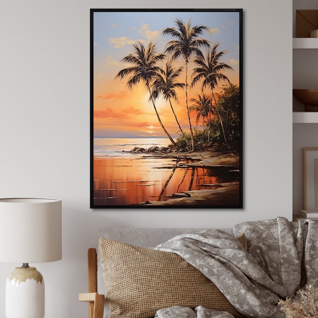 Designart "Sunset Bronze Beach Getaway With Tropical Palms II" Palms & Palm Trees Floater Framed Canvas Prints