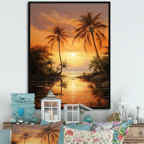 Designart "Sunset Bronze Beach Getaway With Tropical Palms" Palms & Palm Trees Floater Framed Canvas Wall Art
