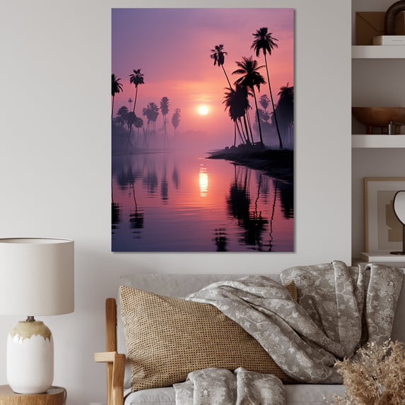Designart "Sunset By The Lavender Lagoon I" Palms & Palm Trees Wall Art Prints