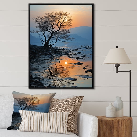 Designart "Sunset By The Lavender Lagoon II" Palms & Palm Trees Floater Framed Wall Art Living Room