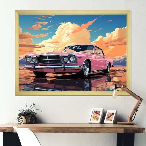 Designart "Sunset Cadillac Pink Luxury Ride II" Transportation Framed Wall Art Decor - Modern Pink Car Muscle Car Entryway Framed Wall Art