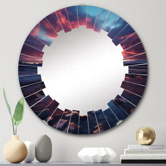 Designart "Sunset Celestial Euphony I" Landscapes Round Wall Mirror - Traditional Oval Printed Decorative Oversized Mirror - Multiple Color Options