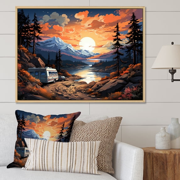 Designart "Sunset Charm Of Camping Van" Camping Travel Floater Framed Wall Decor