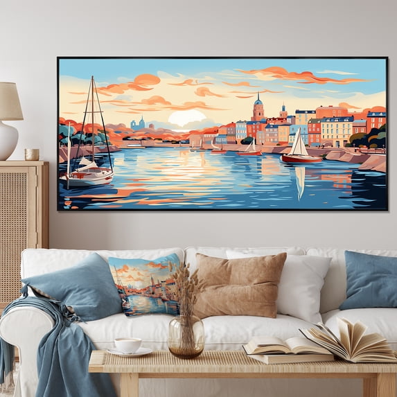 Designart "Sunset Coastlines Sydney Harbor II" Extra Large Coastal Framed Wall Art - Coastal Blue Coastal Port Entryway Framed Wall Art