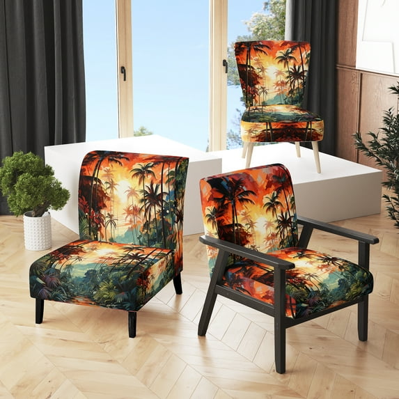Designart "Sunset Colorful Orange Palm Trees Retreat I" Orange Floral Upholstered Accent Chair - Traditional Arm Chair For Bedroom