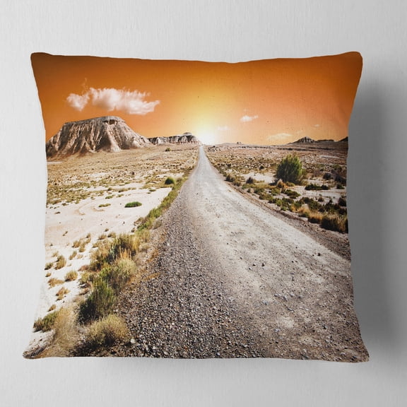 Designart Sunset Desert with Pebble Road - Landscape Printed Throw Pillow - 16x16
