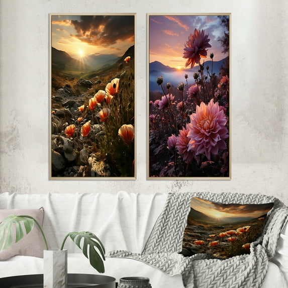 Designart "Sunset Dreams in Wildflower Fields" Wildflowers Framed Wall Art Set Of 2 - Coral Floral Frame Gallery Set For Office Decor