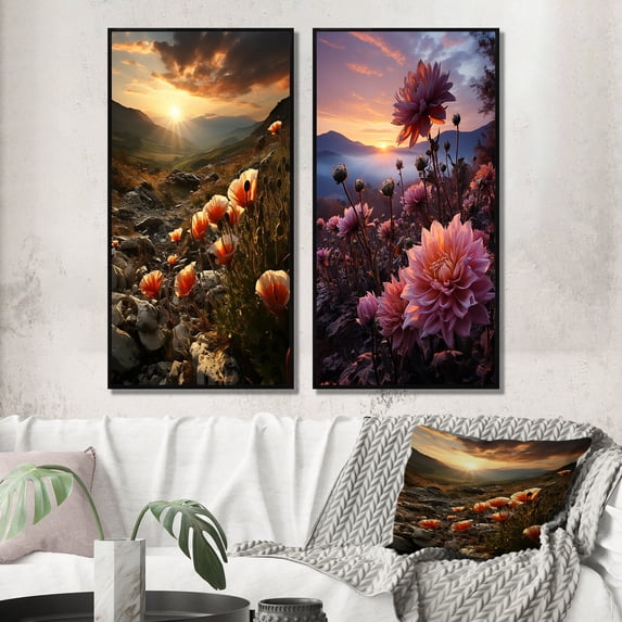 Designart "Sunset Dreams in Wildflower Fields" Wildflowers Framed Wall Art Set Of 2 - Coral Floral Frame Gallery Set For Office Decor