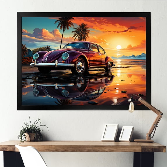 Designart "Sunset Drive Orange and Pink Classic Car on Beach I" Transportation Framed Wall Art Decor - Modern Red Car Old American Living Room Framed Canvas Art