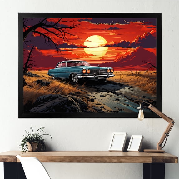 Designart "Sunset Drive Orange and Pink Classic Car on Beach II" Transportation Framed Wall Art Decor - Modern Blue Car Old American Hallway Framed Wall Art Decor
