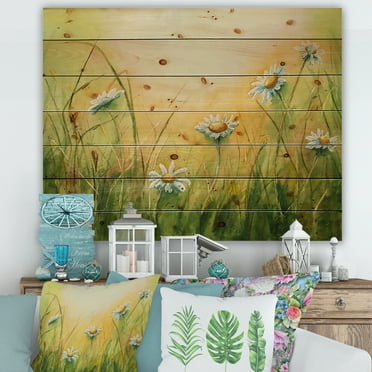 Designart 'Sunset Field With Herbs and Chamomiles' Traditional Print on Natural Pine Wood