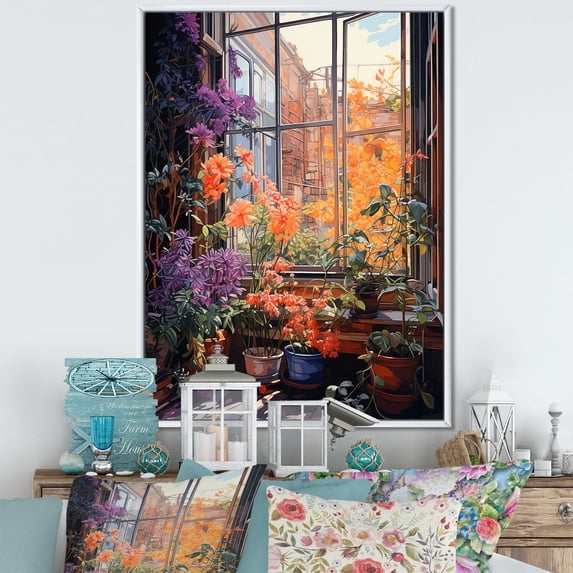 Designart "Sunset Florals through Italian Windows I" Floral Framed Wall Art - Traditional Orange Window Hallway Framed Wall Art Decor