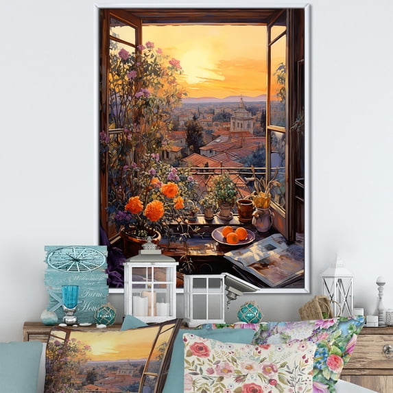 Designart "Sunset Florals through Italian Windows IV" Floral Framed Wall Art - Traditional Orange Window Entryway Framed Wall Art Print