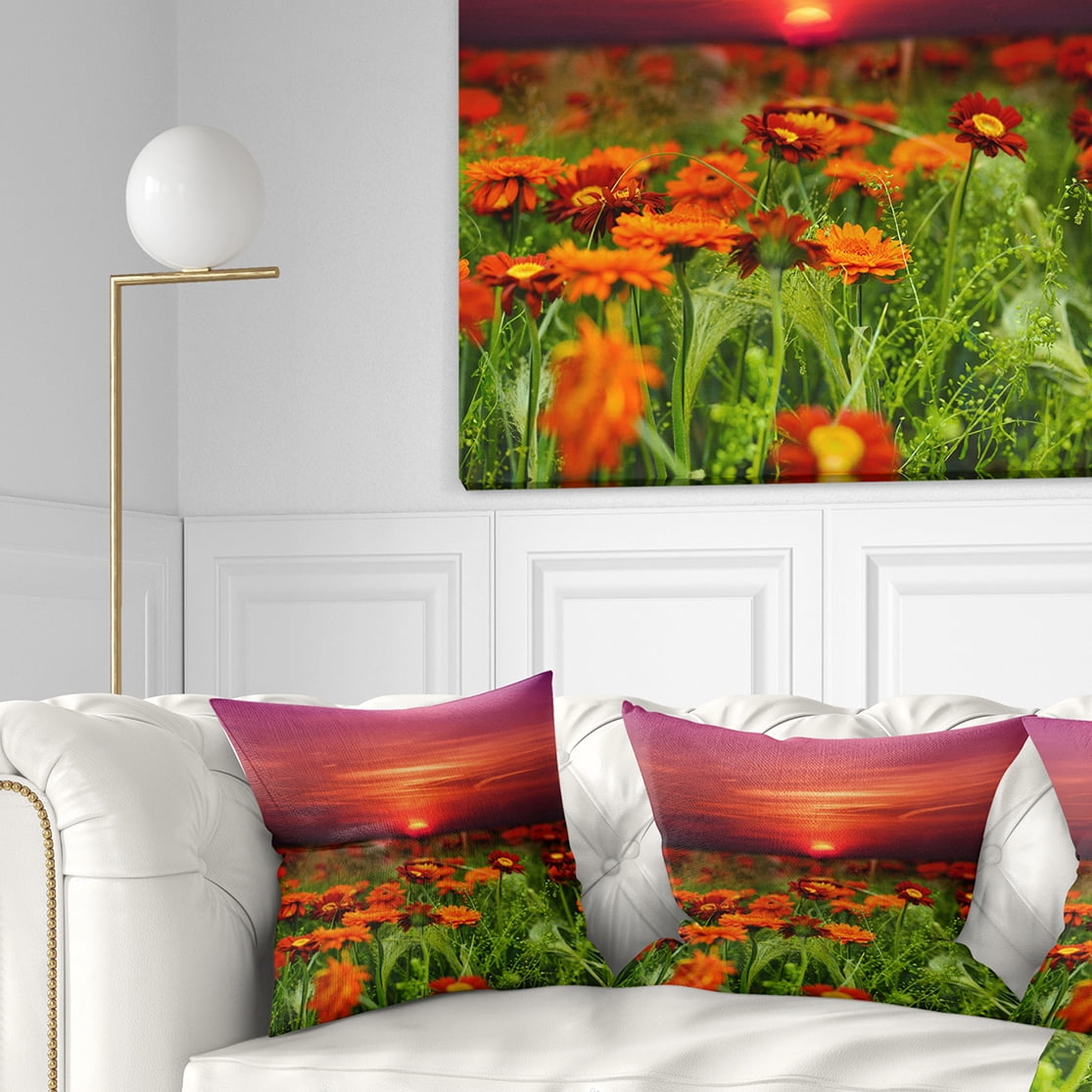 Designart Sunset Flowers with Red Sky - Modern Landscape Printed Throw Pillow - 16x16