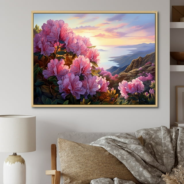 Designart "Sunset Glory Amongst Blooms" Rhododendron Floater Framed Wall Decor