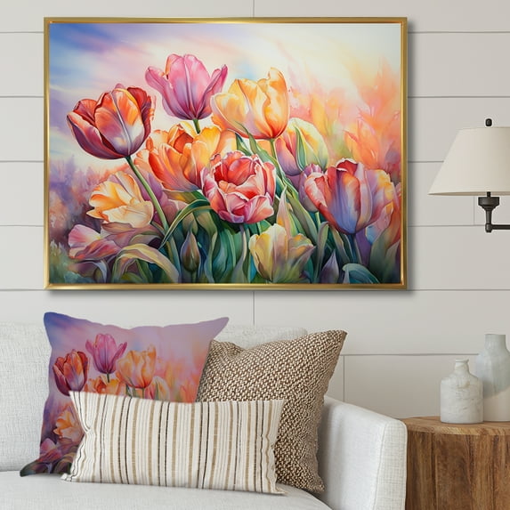 Designart "Sunset Glow Among Tulips II" Tulips Floater Framed Wall Decor