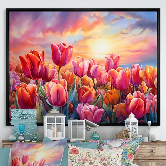 Designart "Sunset Glow Among Tulips III" Tulips Floater Framed Canvas Art Print