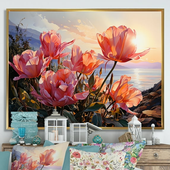 Designart "Sunset Glow Among Tulips" Tulips Floater Framed Canvas Wall Art