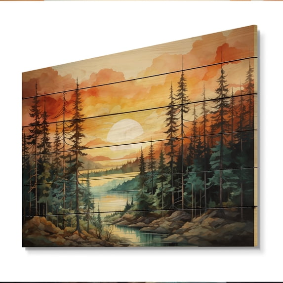 Designart "Sunset Glow Amongst the Pines II" Tree Pine Print on Natural Pine Wood