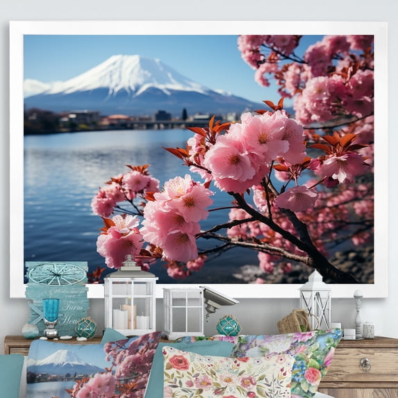 Designart "Sunset Glow Over Mount Kinabalu in Malaysia II" Landscapes Framed Wall Art Decor - Country Pink Mountains Lake Bedroom Framed Canvas Wall Art