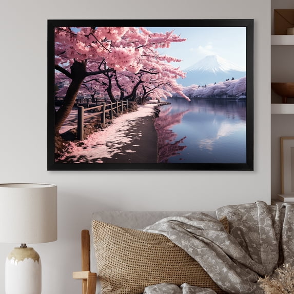 Designart "Sunset Glow Over Mount Kinabalu in Malaysia III" Landscapes Framed Wall Art Decor - Country Pink Mountains Lake Living Room Framed Canvas Art