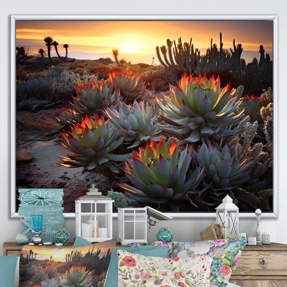 Designart "Sunset Glow Over Succulent Field III" Succulent Floater Framed Wall Decor